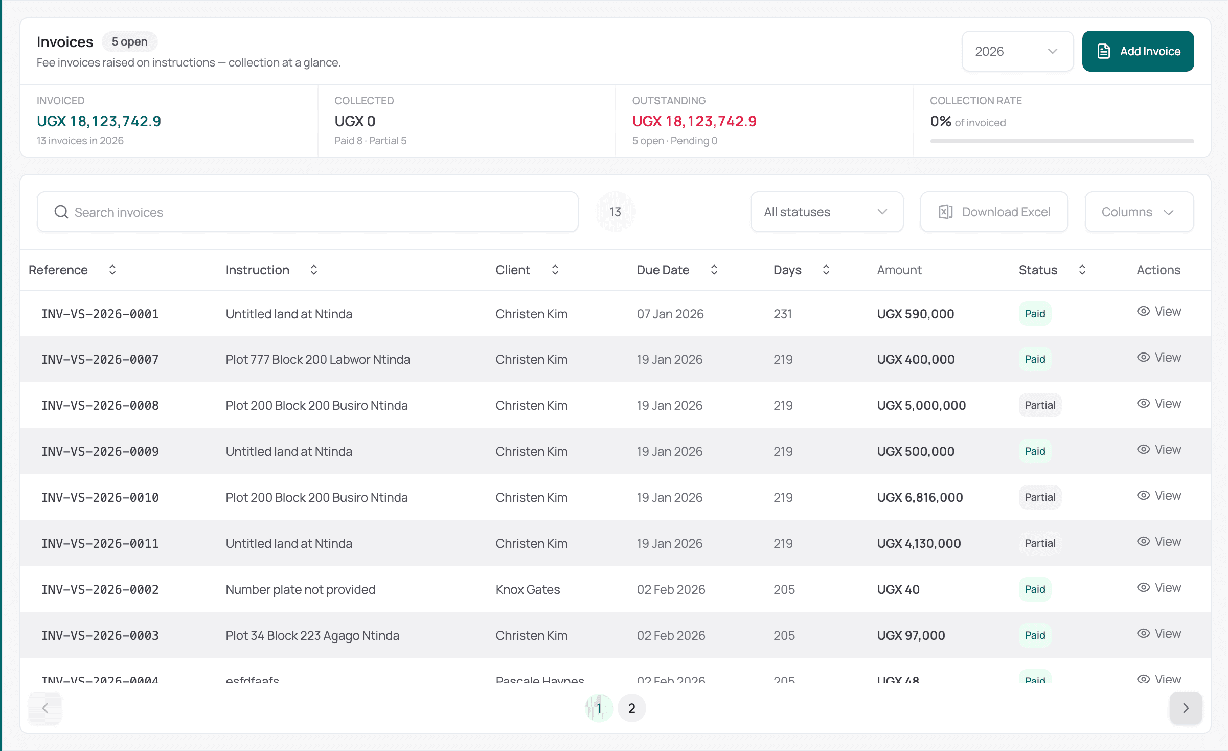 Invoice register — screenshot