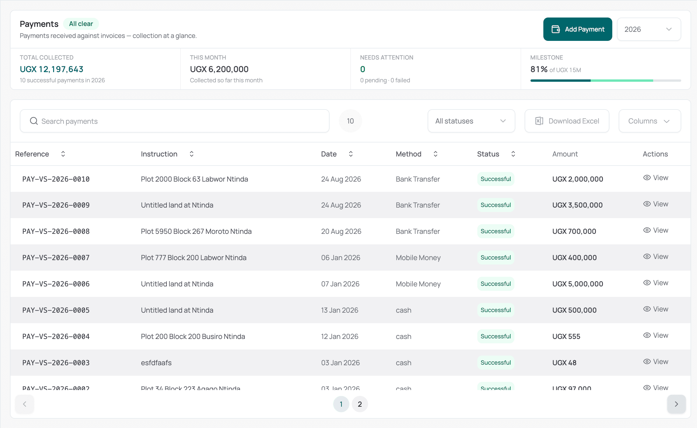 Payments register — screenshot
