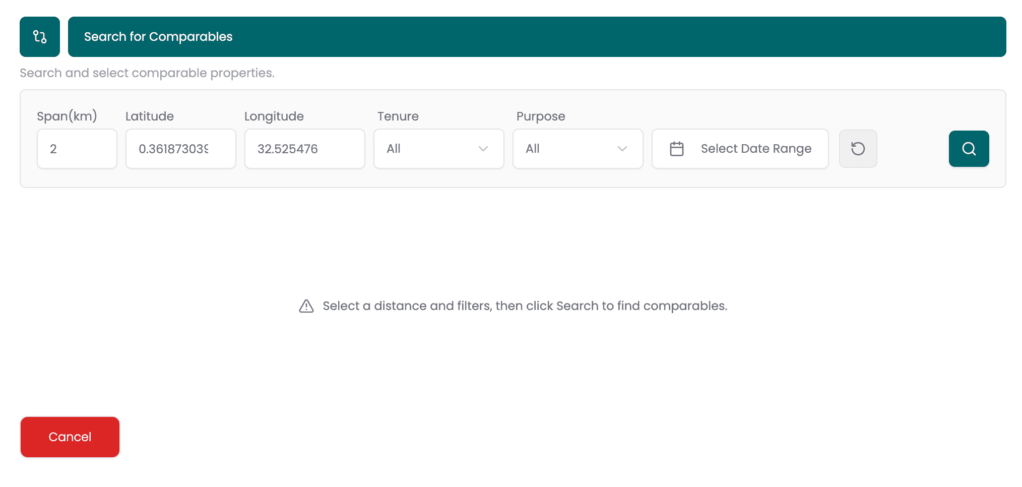 Comparables search — dialog