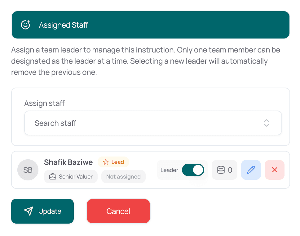 Team & lead assignment — dialog