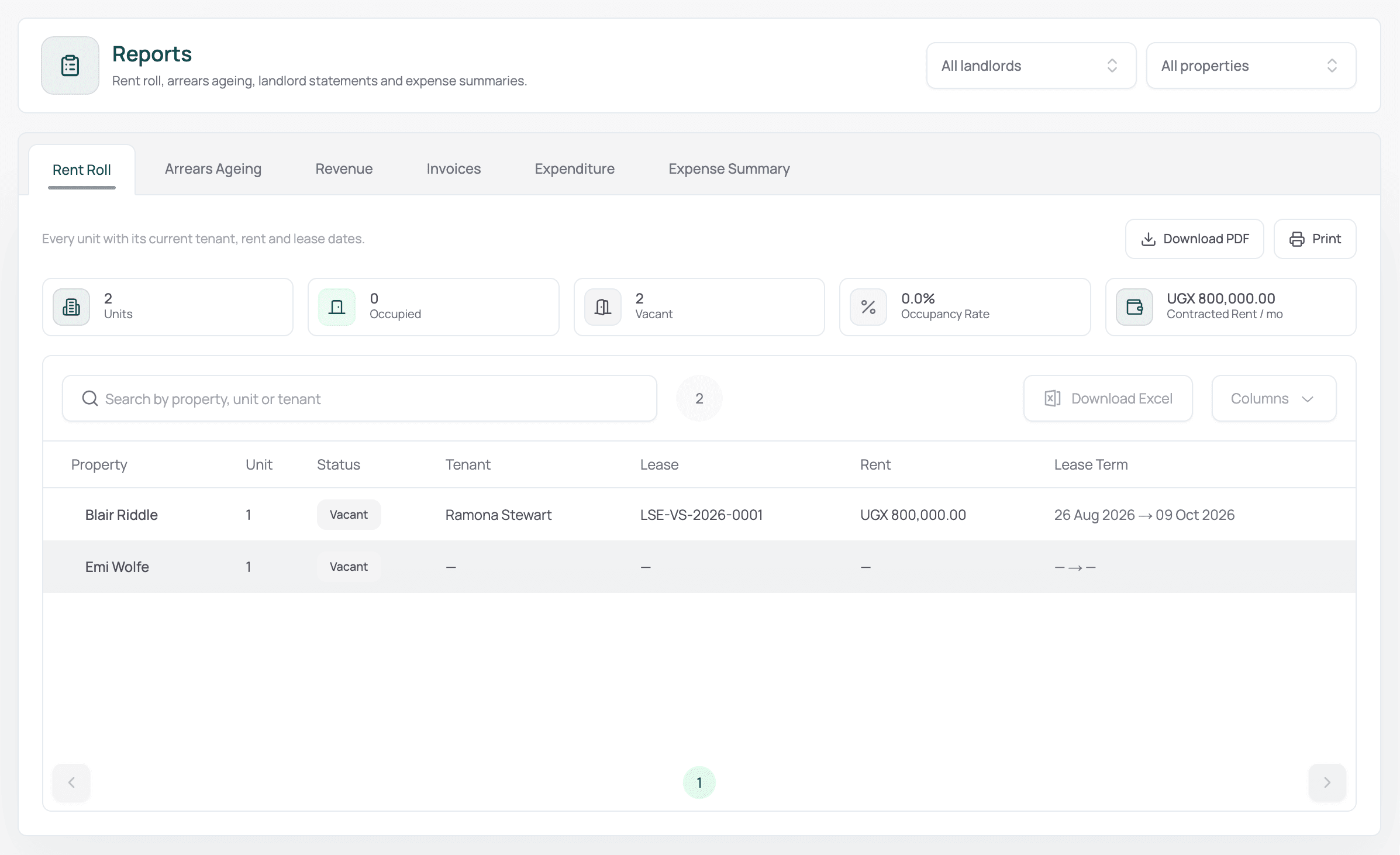Rent roll & reports — screenshot
