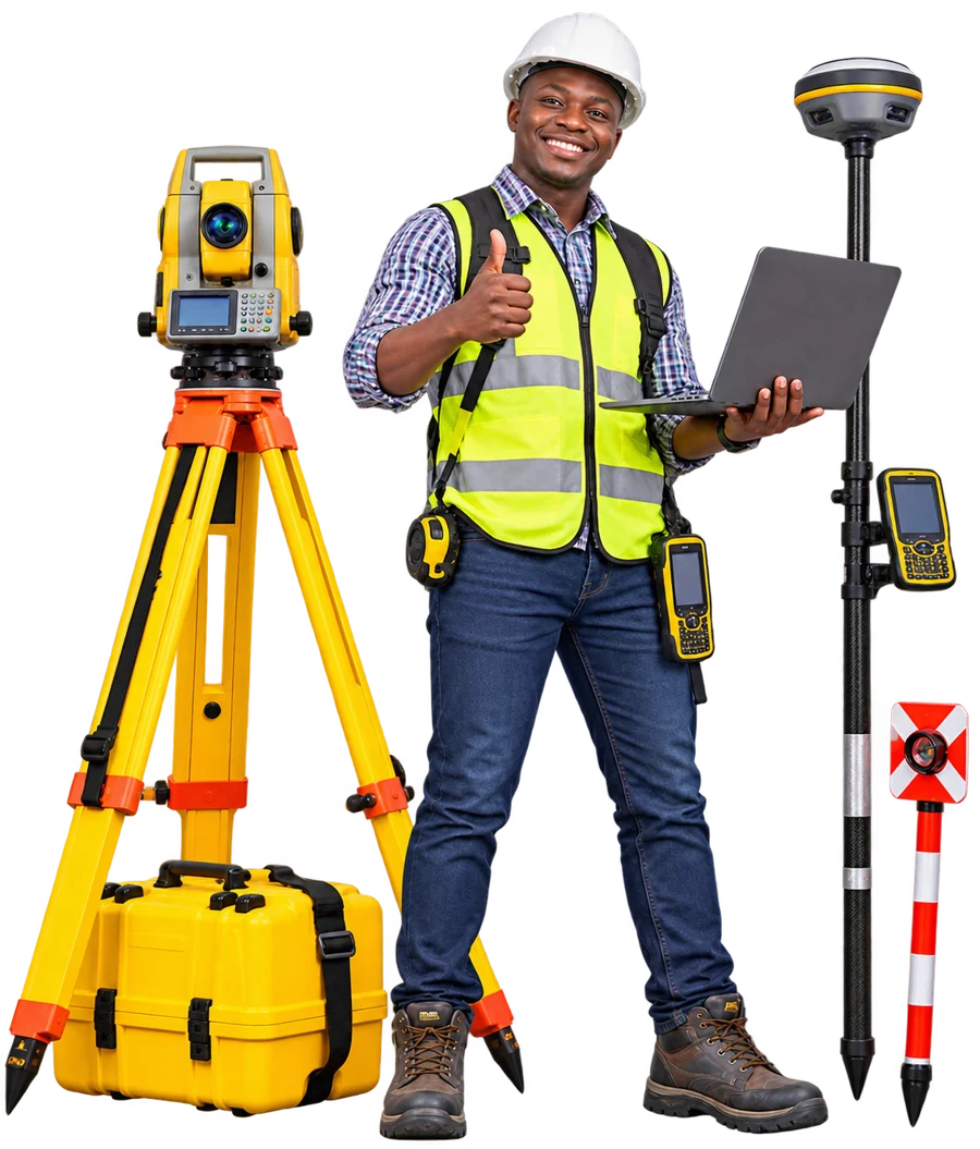 Surveyor with a total station, GNSS pole and laptop, giving a thumbs up
